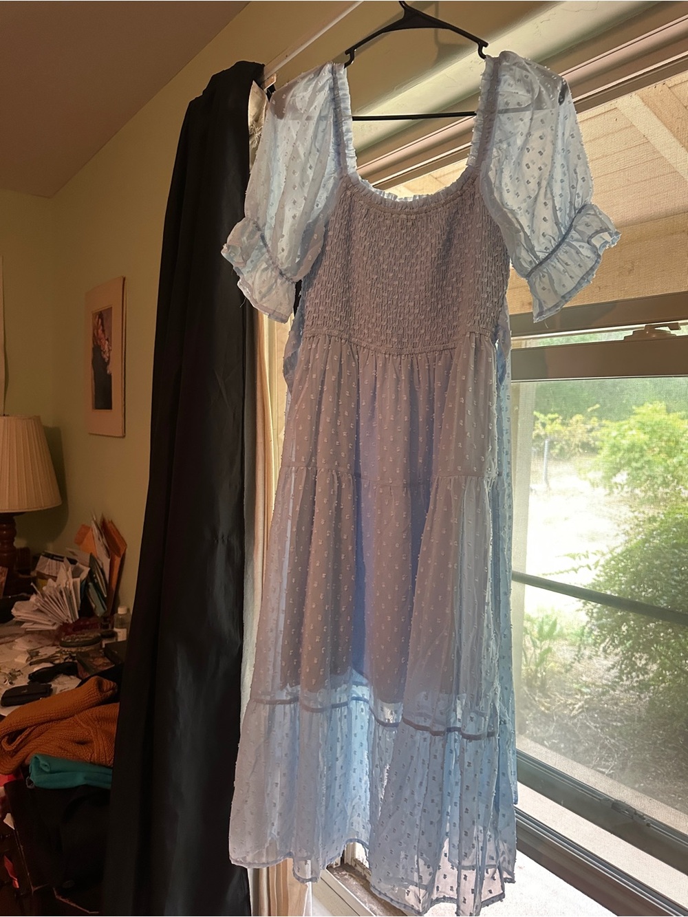 Light Blue Swiss Dot Puff Sleeve Dress - Picture 4 of 5